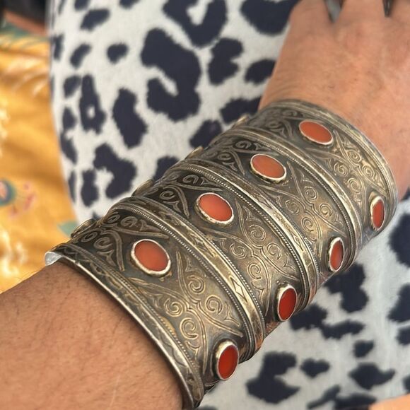 Vintage Style Ornate Cuff Bracelet with Orange Accents - Picture 1 of 7